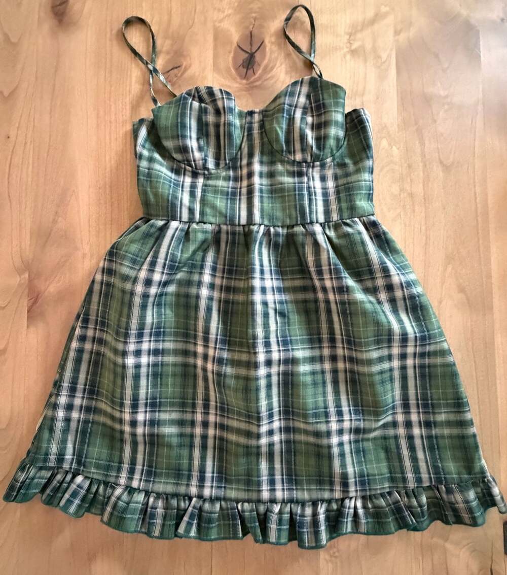 Cider Green Plaid Corset Mini Dress with Ruffle Hem Small